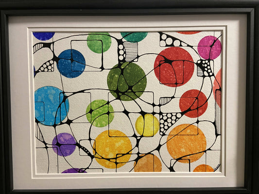 Framed Watercolor Line Drawing Colorful Orbs 16 x 20
