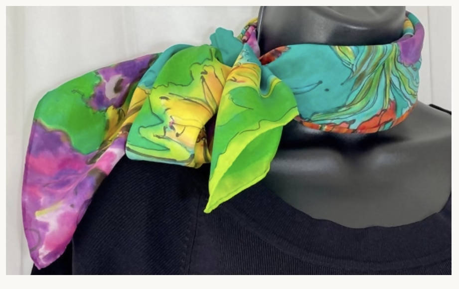 Purple Green Yellow Flower Silk Square Scarf