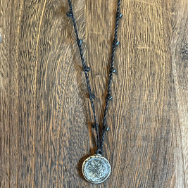 Buddhist Amulet - Dharma Wheel on assorted linen with assorted beads AMNK