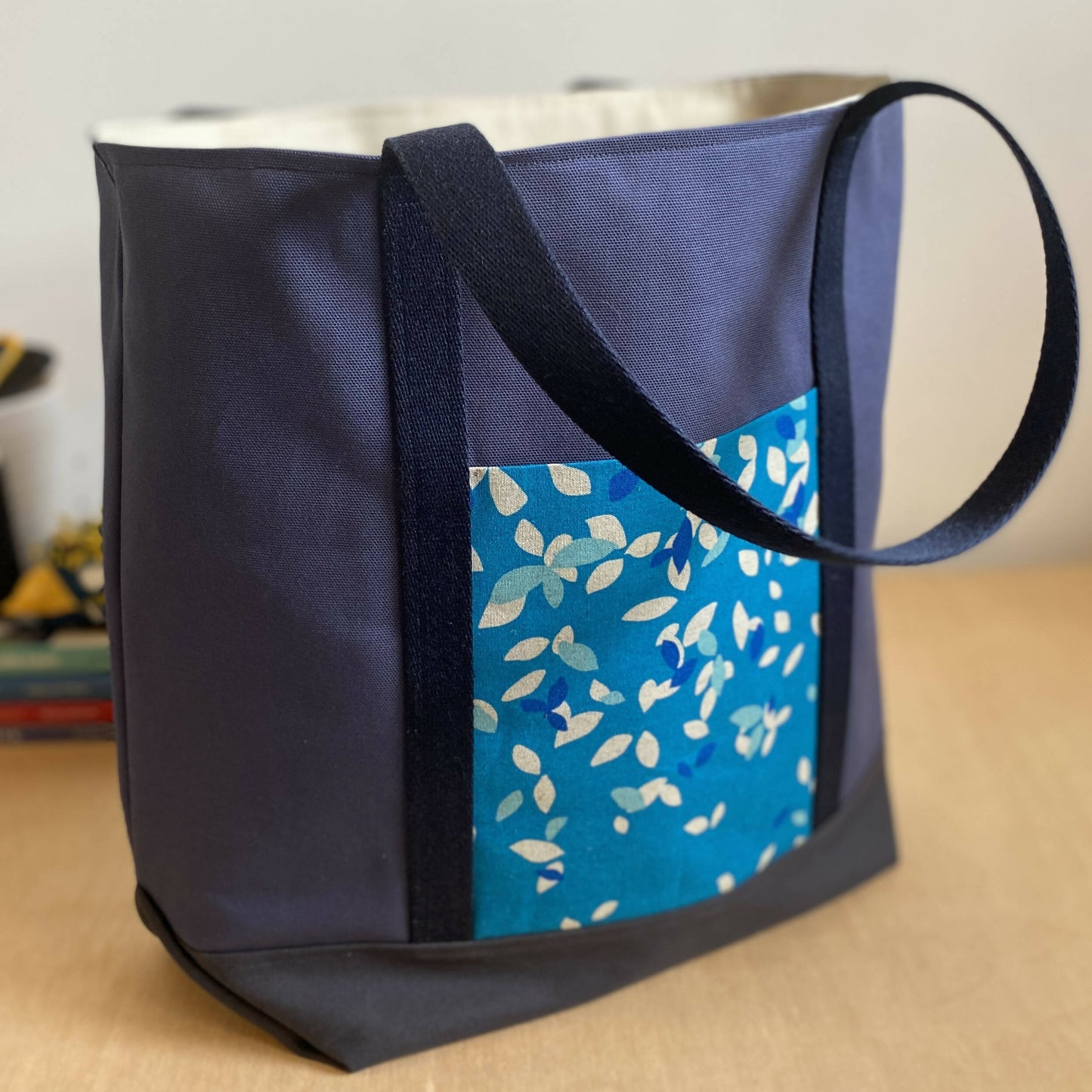 A Big Tote in Blue Leaves and Slate Blue