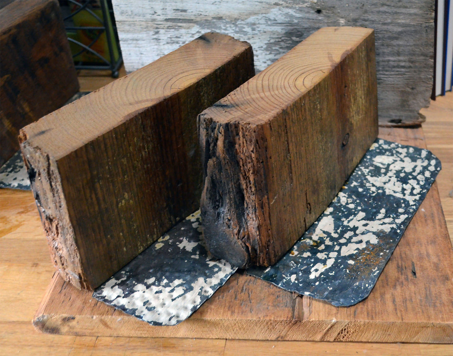 Rustic wood bookends tin base