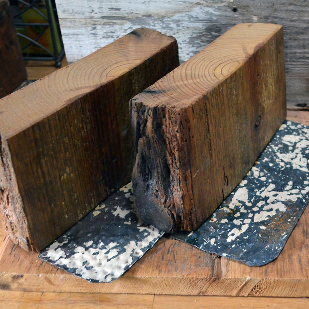 Rustic wood bookends tin base