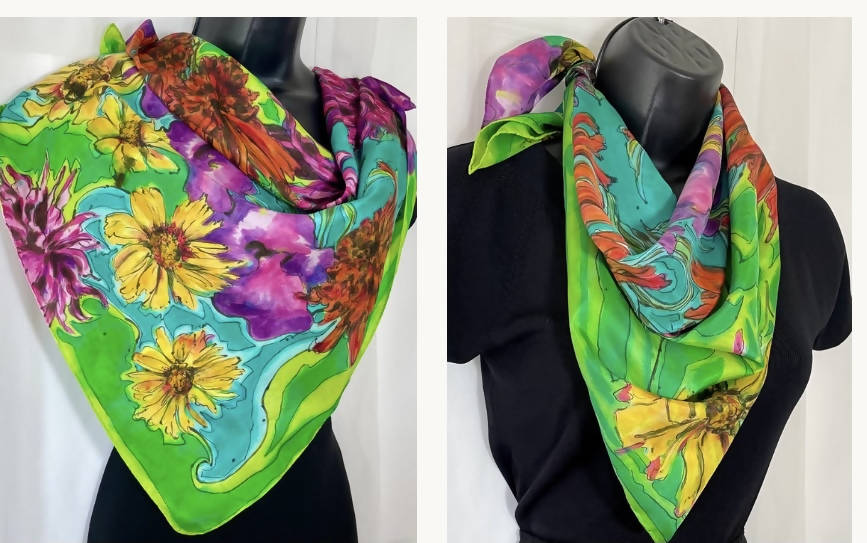 Purple Green Yellow Flower Silk Square Scarf