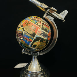Art Deco Plane Globe with Vintage Steamer Trunk Labels