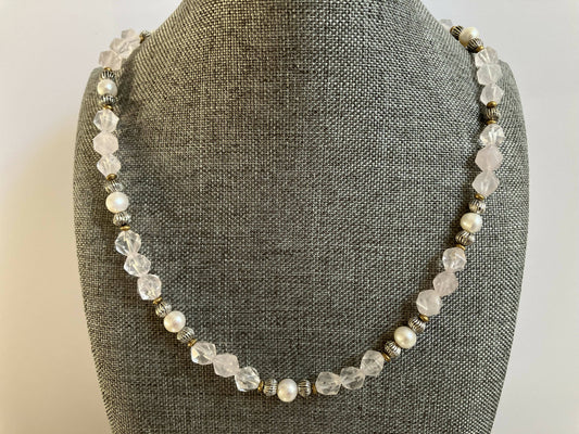 necklace - rose quartz, pearl