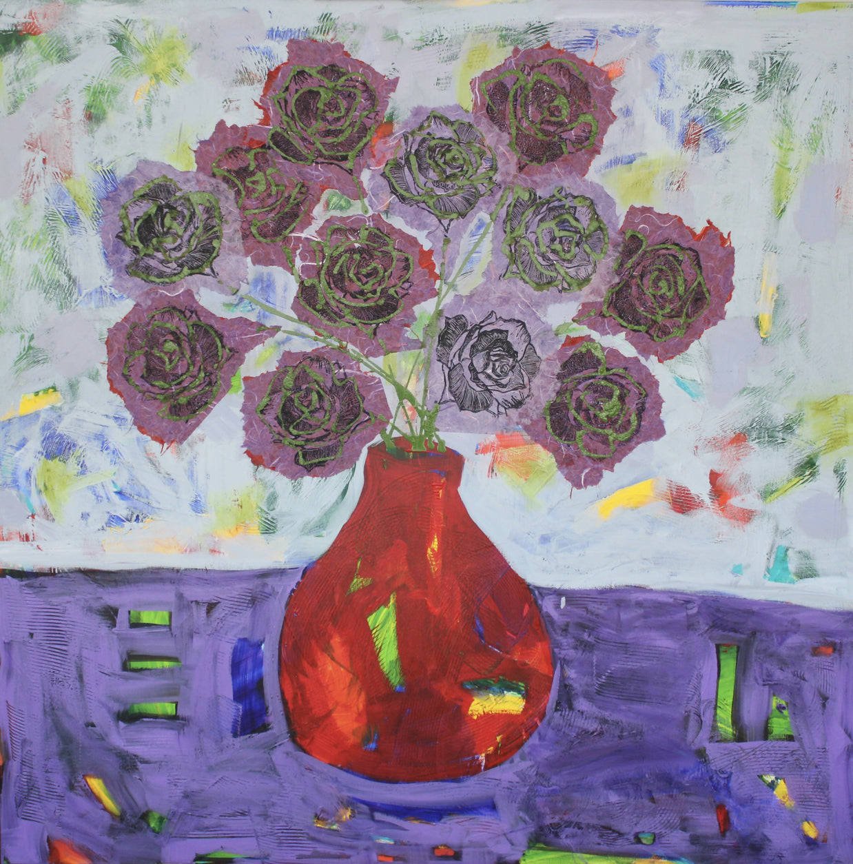Purple Table with Red Vase and Roses