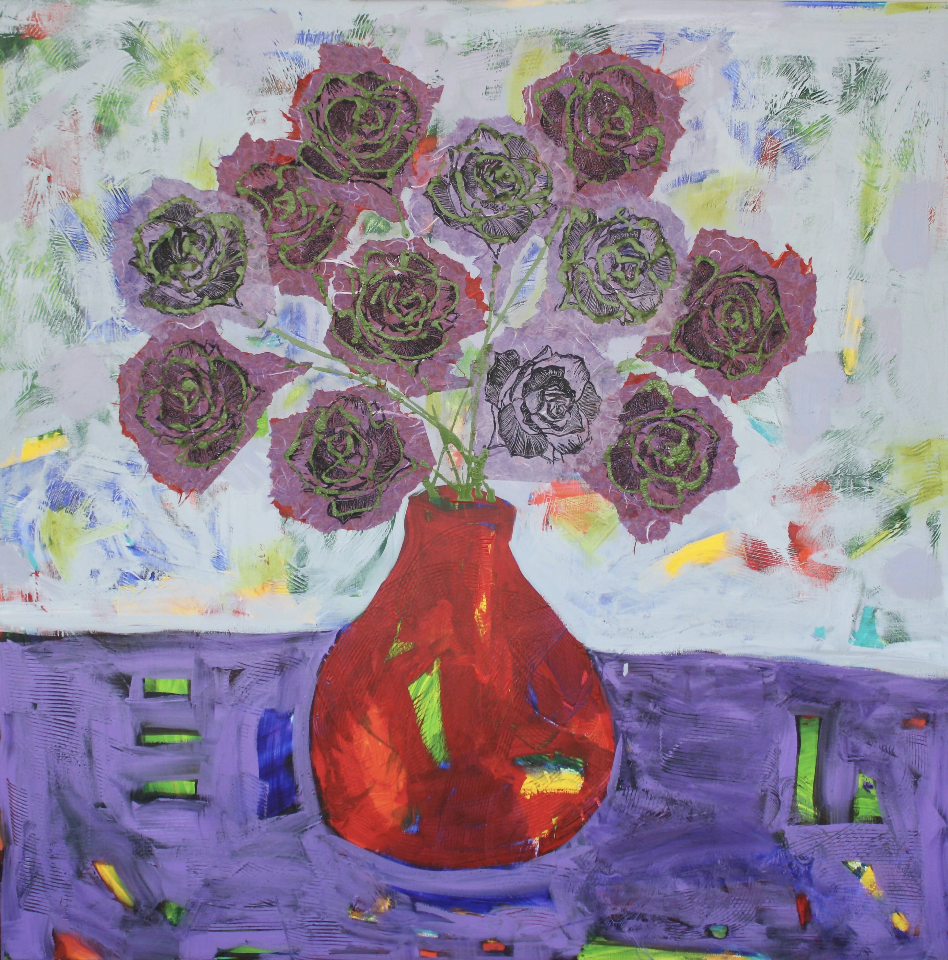 Purple Table with Red Vase and Roses