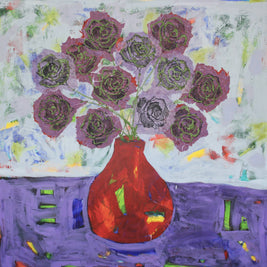 Purple Table with Red Vase and Roses