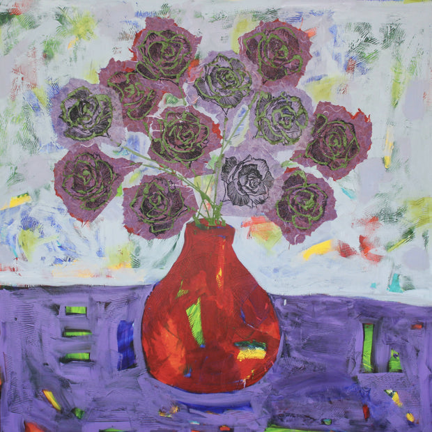 Purple Table with Red Vase and Roses