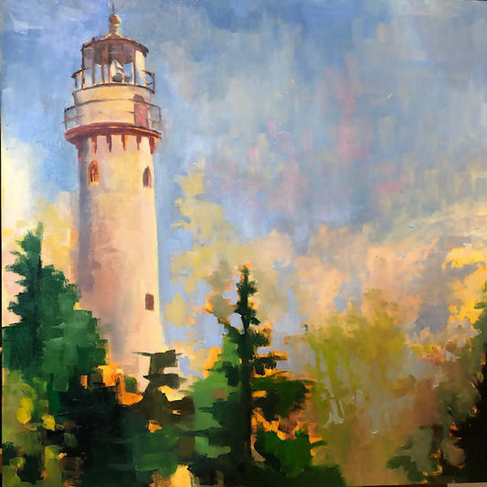 Evanston Lighthouse Fall Color- 12 x 12 Matted Museum Quality Canvas Print