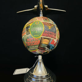 Art Deco Plane Globe with Vintage Steamer Trunk Labels