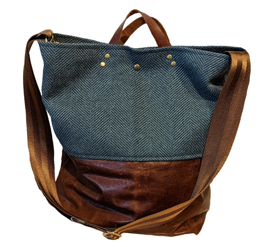 Dark Teal Herringbone w/ Chestnut Leather Large Bag
