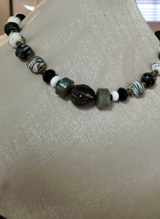 Labradorite and lampwork black and white