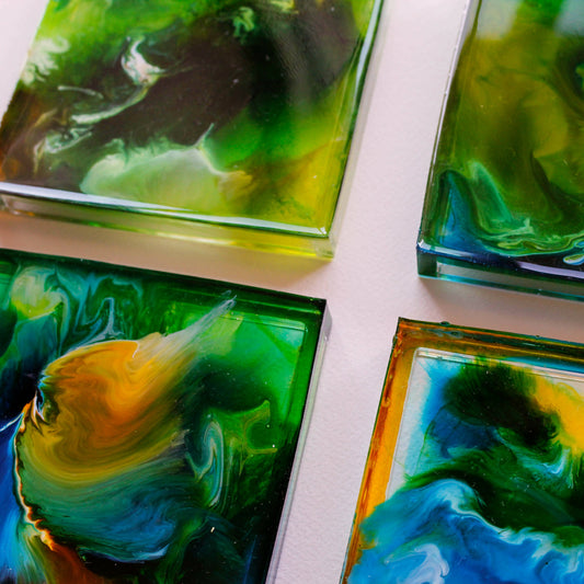 Resin and Alcohol Ink Blue, Green and Gold Coaster Set