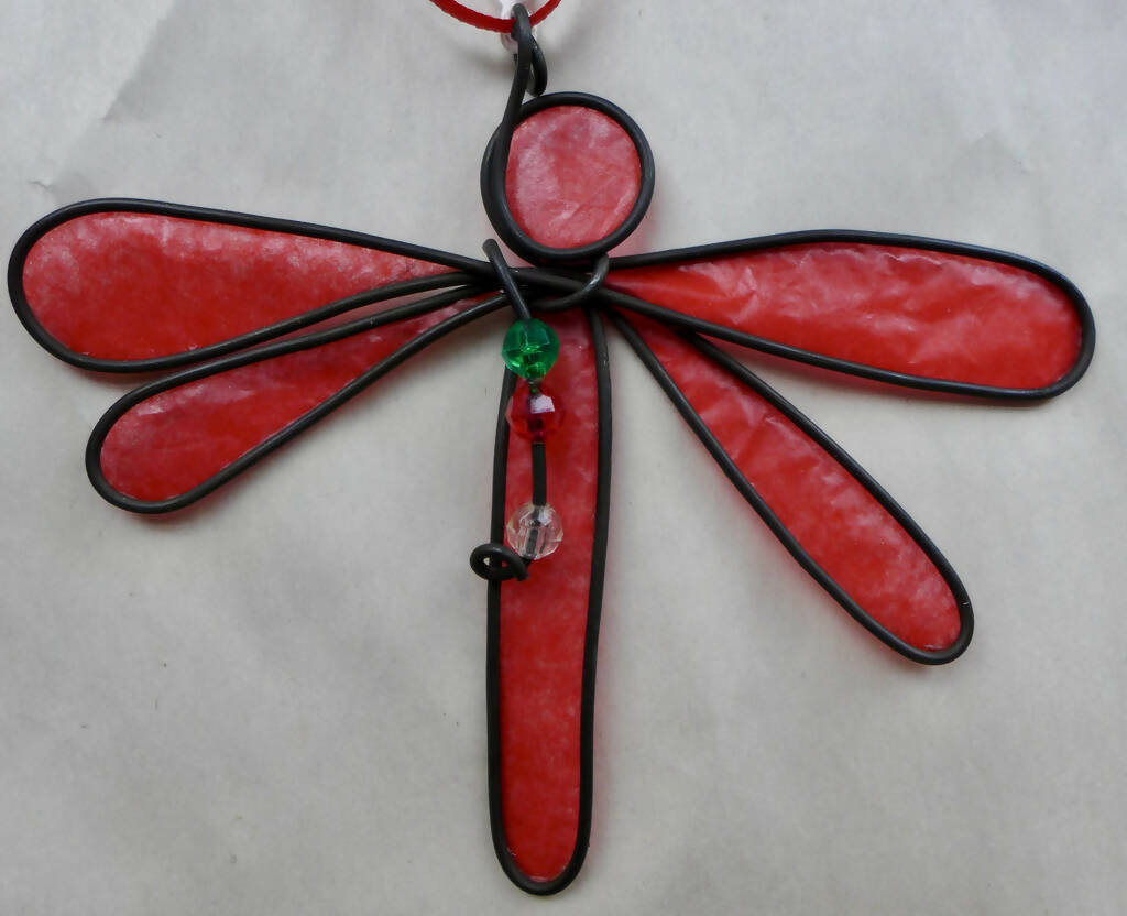 Red Dragonfly Ornament with green, red white beads