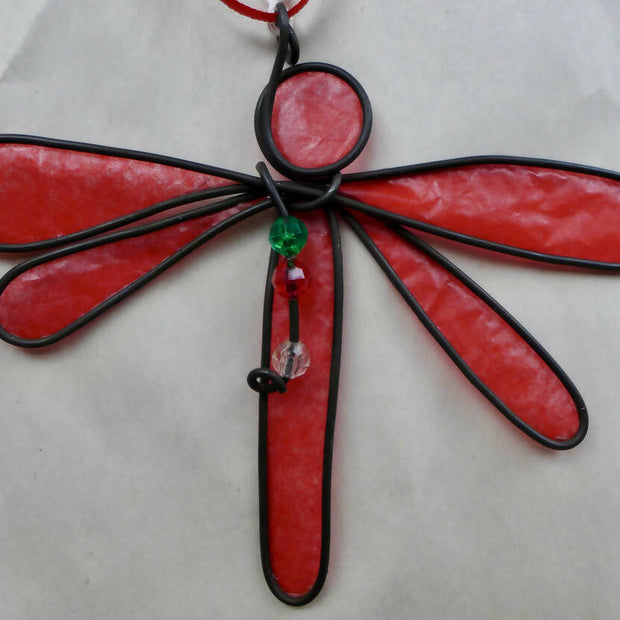 Red Dragonfly Ornament with green, red white beads