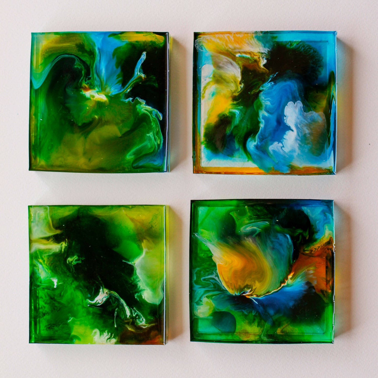 Resin and Alcohol Ink Blue, Green and Gold Coaster Set