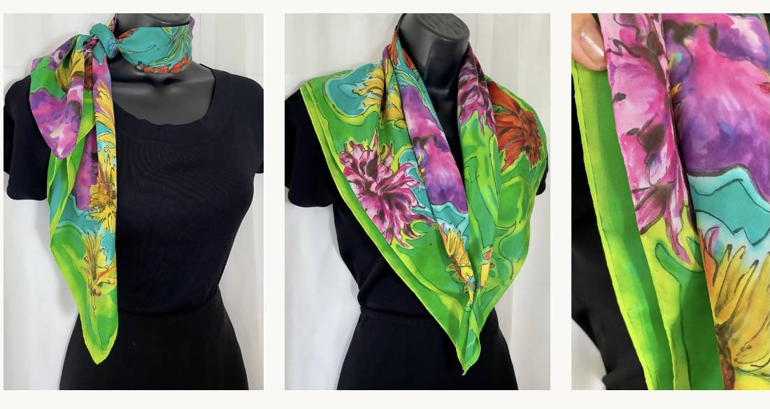 Purple Green Yellow Flower Silk Square Scarf