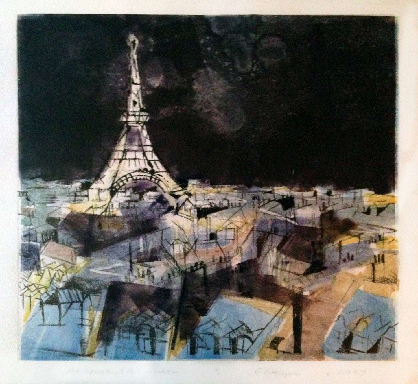 Eiffel Tower at night original art Lithograph