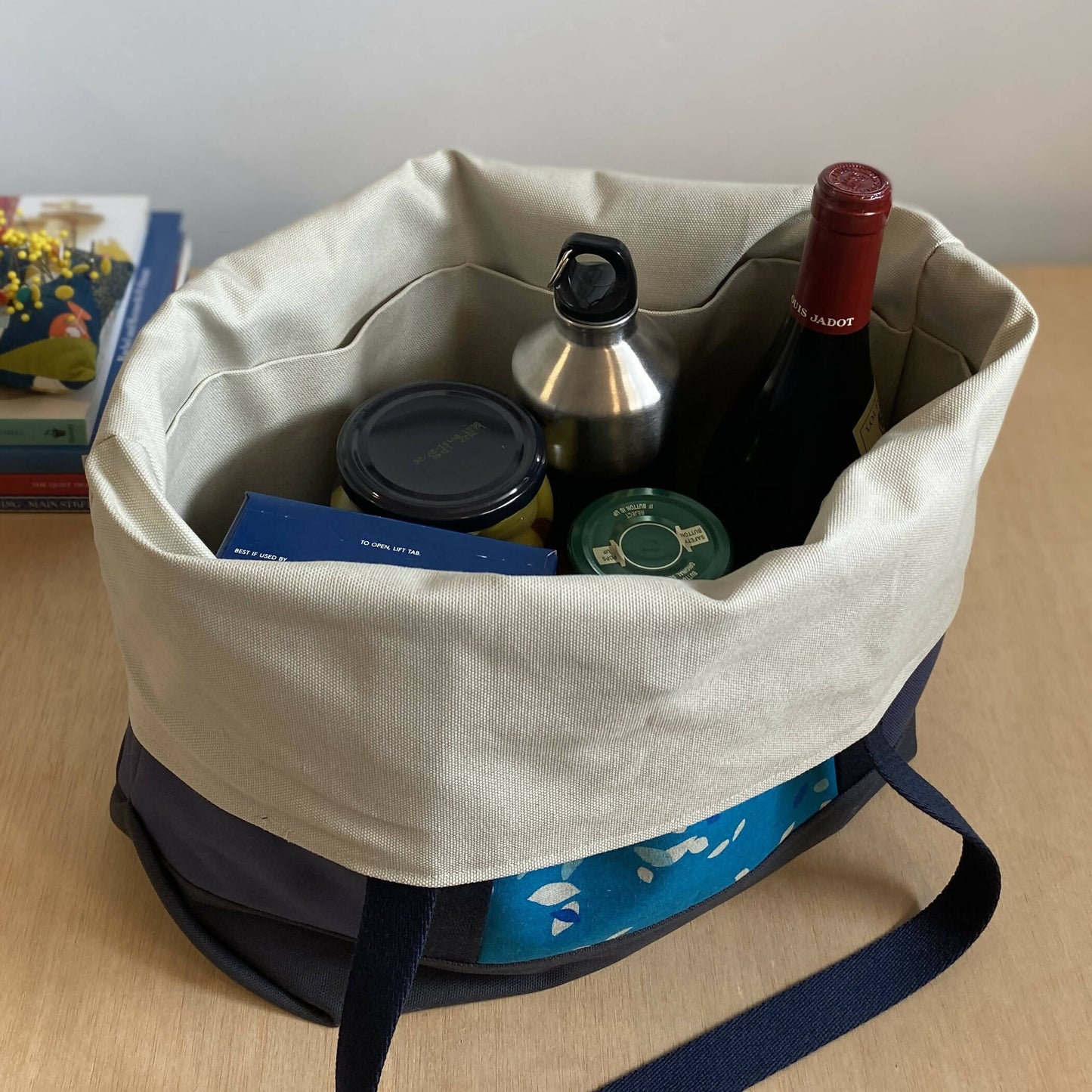 A Big Tote in Blue Leaves and Slate Blue