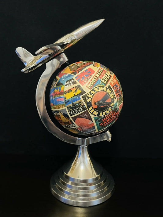 Art Deco Plane Globe with Vintage Steamer Trunk Labels