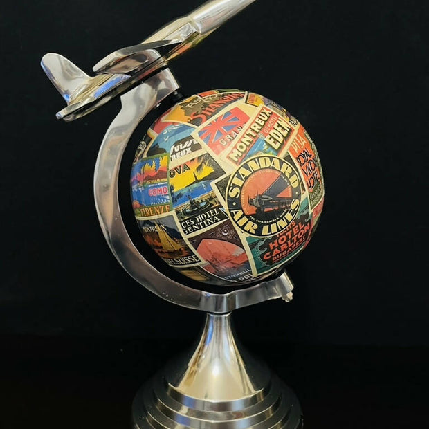 Art Deco Plane Globe with Vintage Steamer Trunk Labels