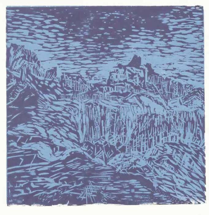 Woodblock print in blue and purple of mountain hike in Boulder Colorado