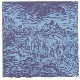 Woodblock print in blue and purple of mountain hike in Boulder Colorado