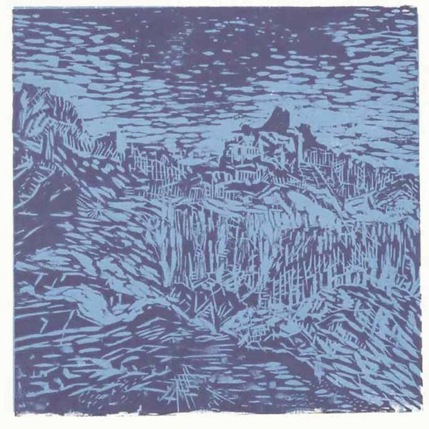 Woodblock print in blue and purple of mountain hike in Boulder Colorado