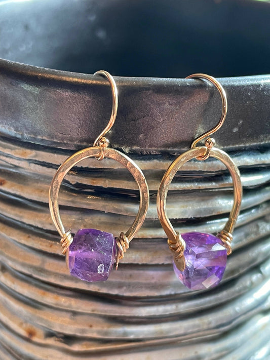 "Get lucky" Hand forged gold fill earrings with gemstones on gold fill ear wires. Assorted gemstones.