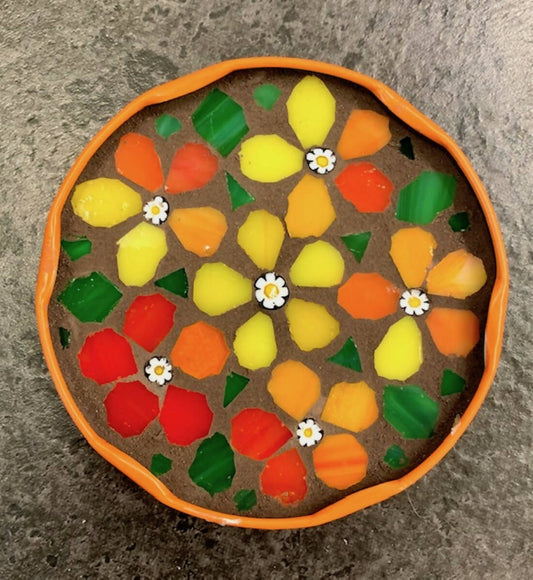 Mosaic Coaster: Red and Yellow Flowers in a Lid