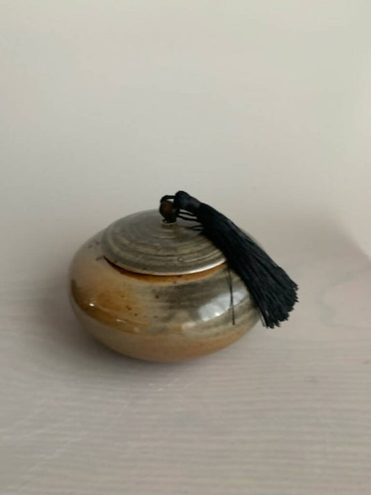 Tassled Jar #2, 3" tall x 5-1/4" wide