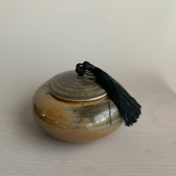 Tassled Jar #2, 3" tall x 5-1/4" wide