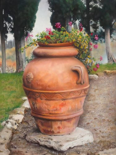 Urn with Geraniums - Montepulciano - pastel