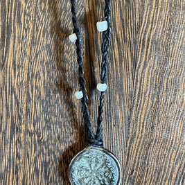 Buddhist Amulet - Dharma Wheel on assorted linen with assorted beads AMNK