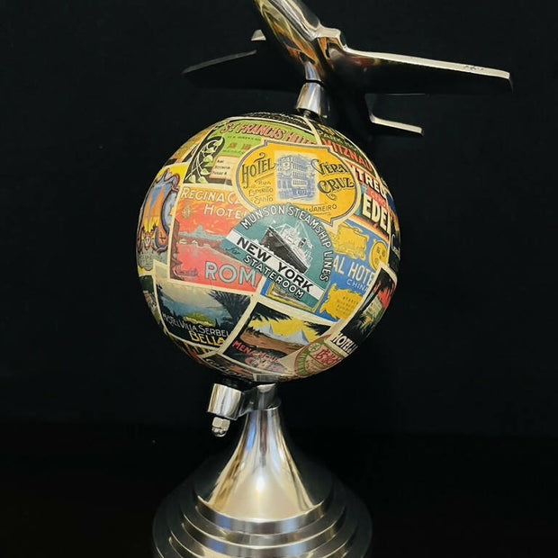 Art Deco Plane Globe with Vintage Steamer Trunk Labels