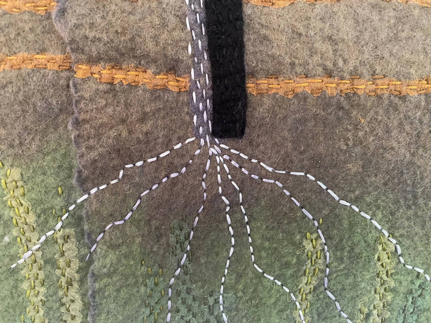 Broken Horizon--2023; merino wool, silk mesh, cotton mesh, various other wool fibers, hand felted, hand embroidery, applique, pieced and layered 30" x 18" Horizon