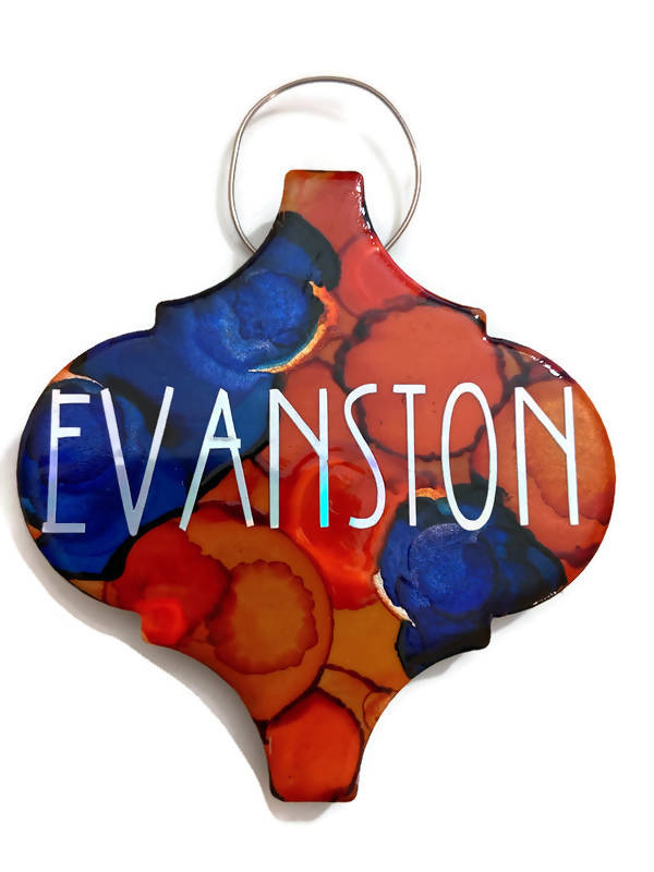 Reclaimed Tile Christmas Ornament Alcohol Ink Evanston Blue and Orange Arabesque Shape