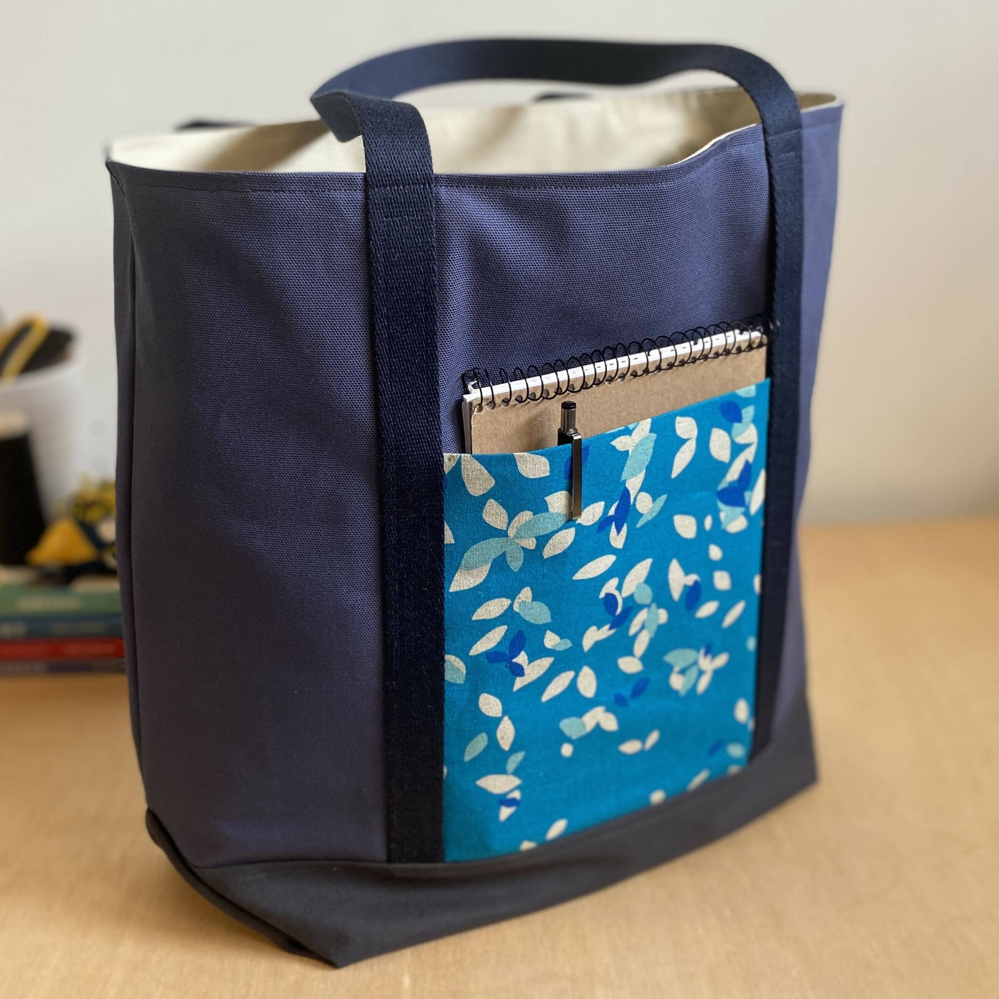 A Big Tote in Blue Leaves and Slate Blue