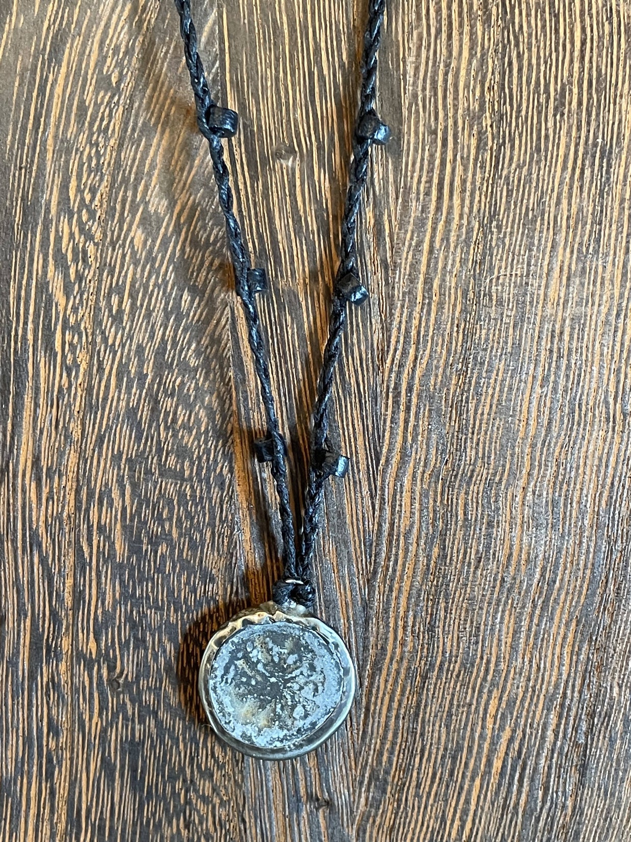 Buddhist Amulet - Dharma Wheel on assorted linen with assorted beads AMNK
