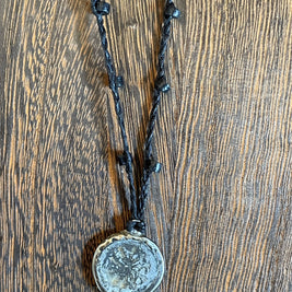Buddhist Amulet - Dharma Wheel on assorted linen with assorted beads AMNK