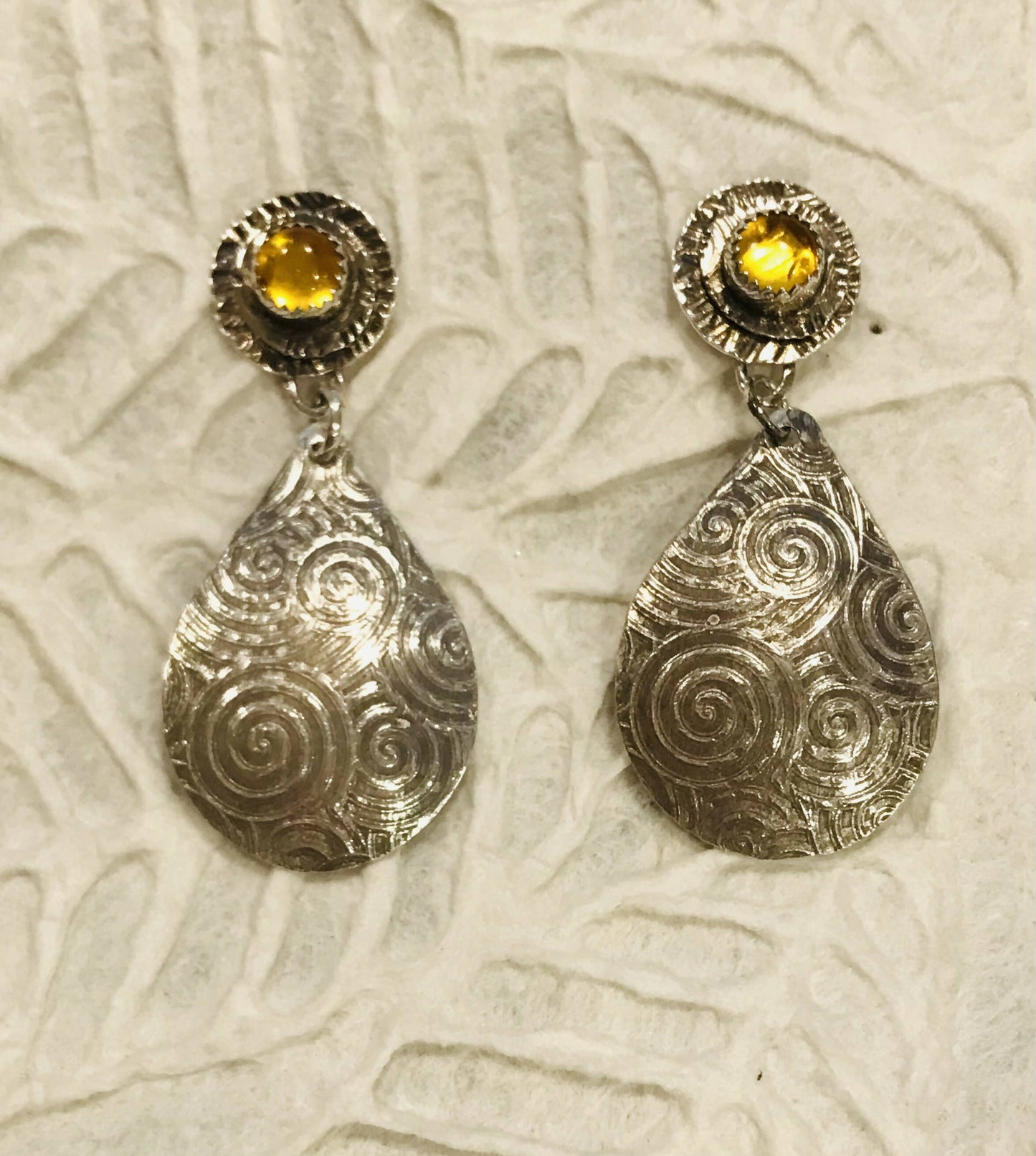 Amber earrings, fine silver (oxidized)