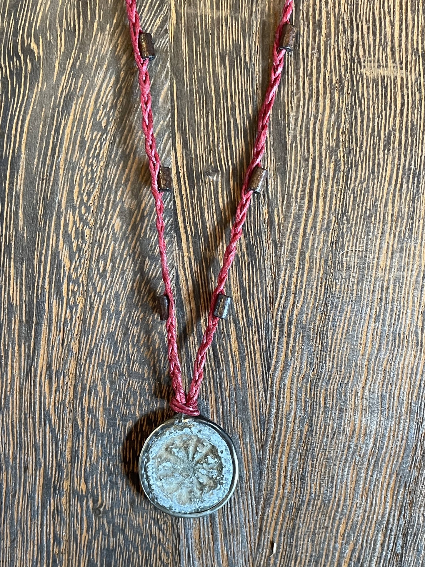 Buddhist Amulet - Dharma Wheel on assorted linen with assorted beads BANK