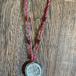Buddhist Amulet - Dharma Wheel on assorted linen with assorted beads AMNK