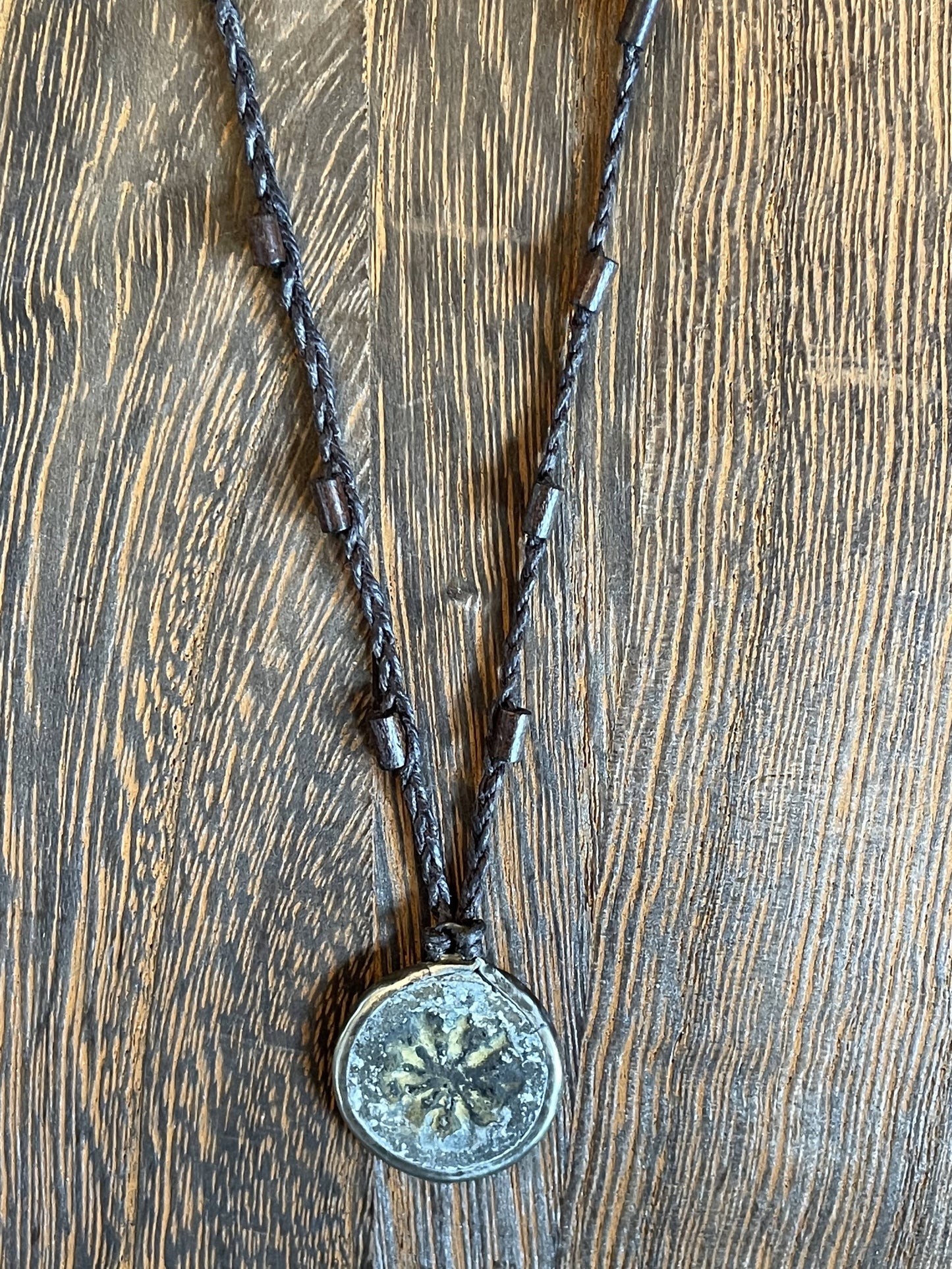 Buddhist Amulet - Dharma Wheel on assorted linen with assorted beads BANK