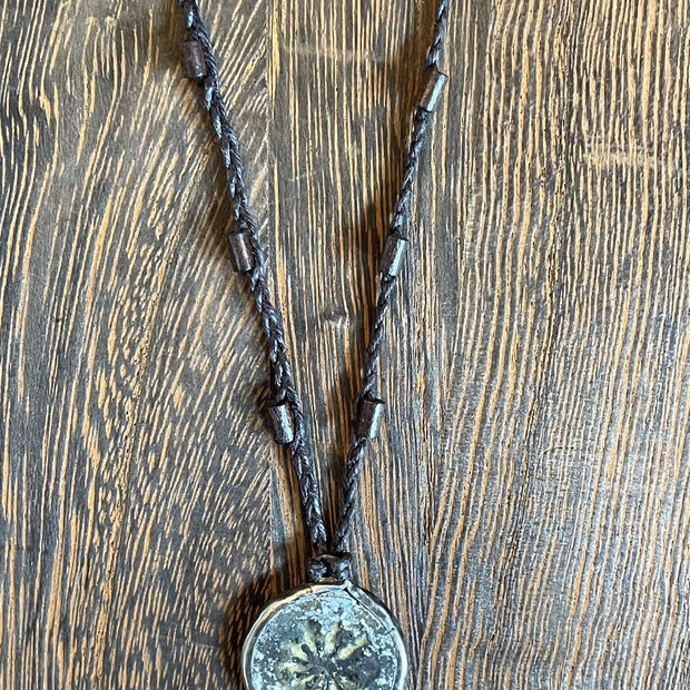 Buddhist Amulet - Dharma Wheel on assorted linen with assorted beads AMNK