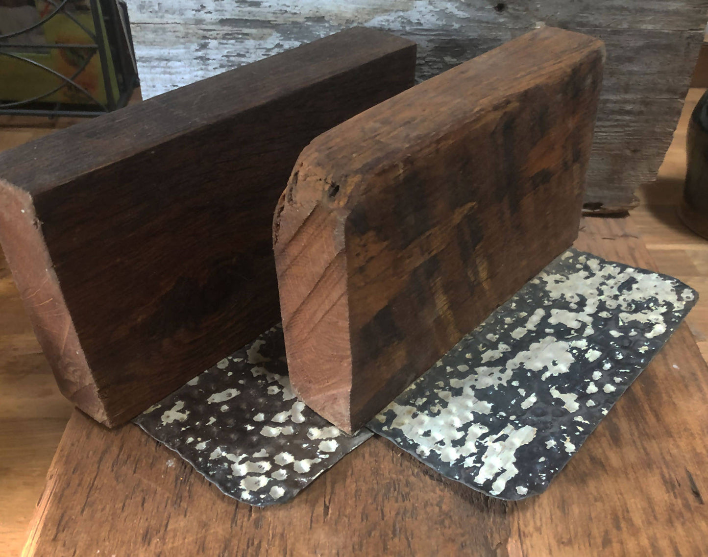 Rustic wood bookends tin base