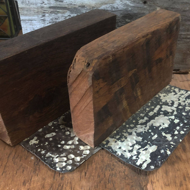 Rustic wood bookends tin base
